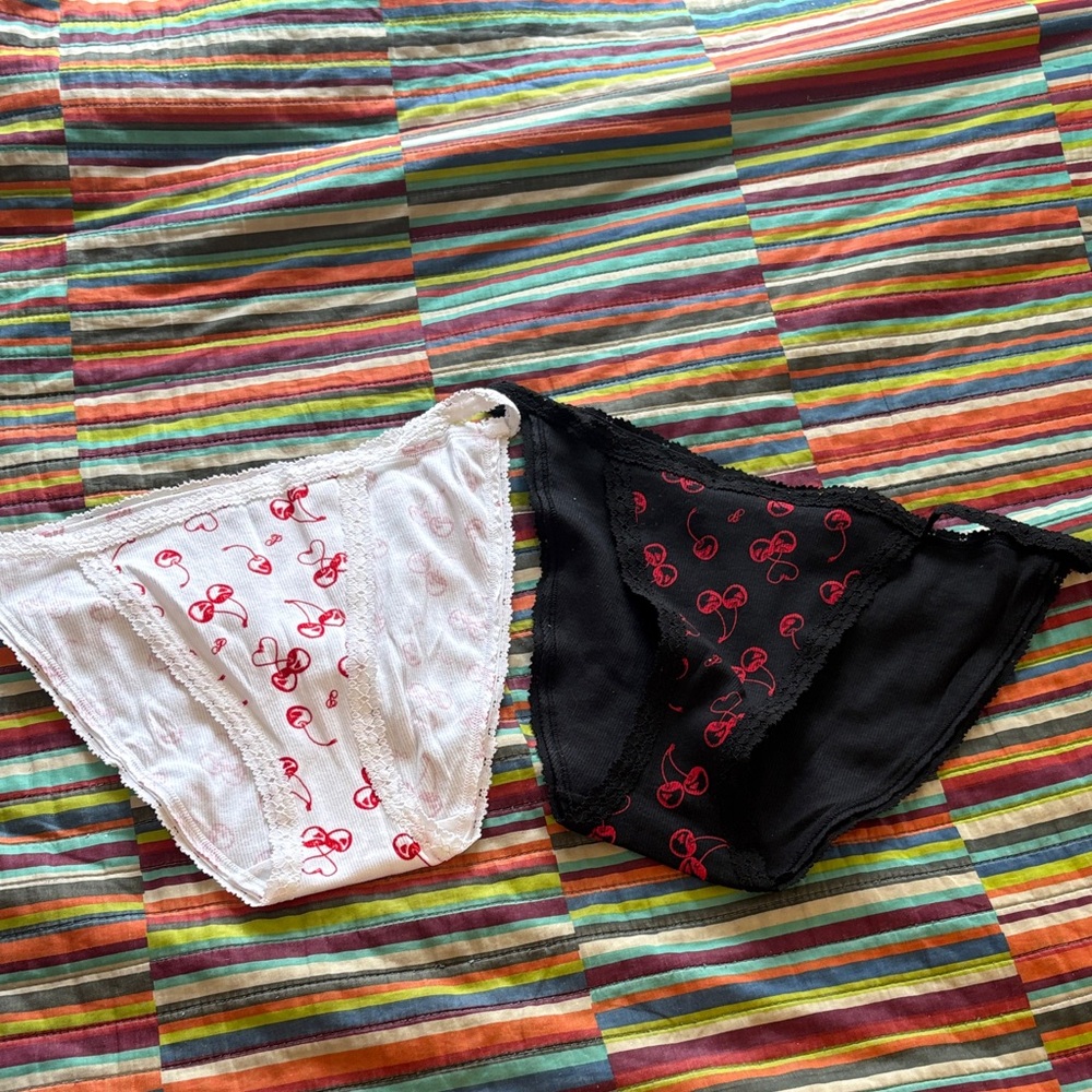 2- PINK Victoria's Secret Cherry Print White Panties size medium, new tag